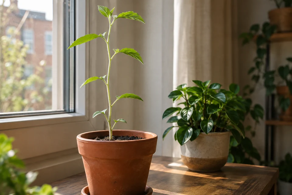 Plantón de tallo alargado junto a una ventana.