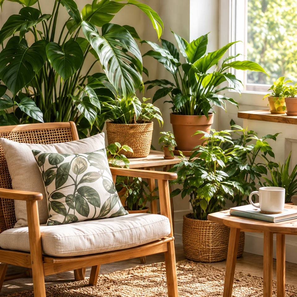 Rincón junto a una ventana con una butaca y varias plantas de interior.