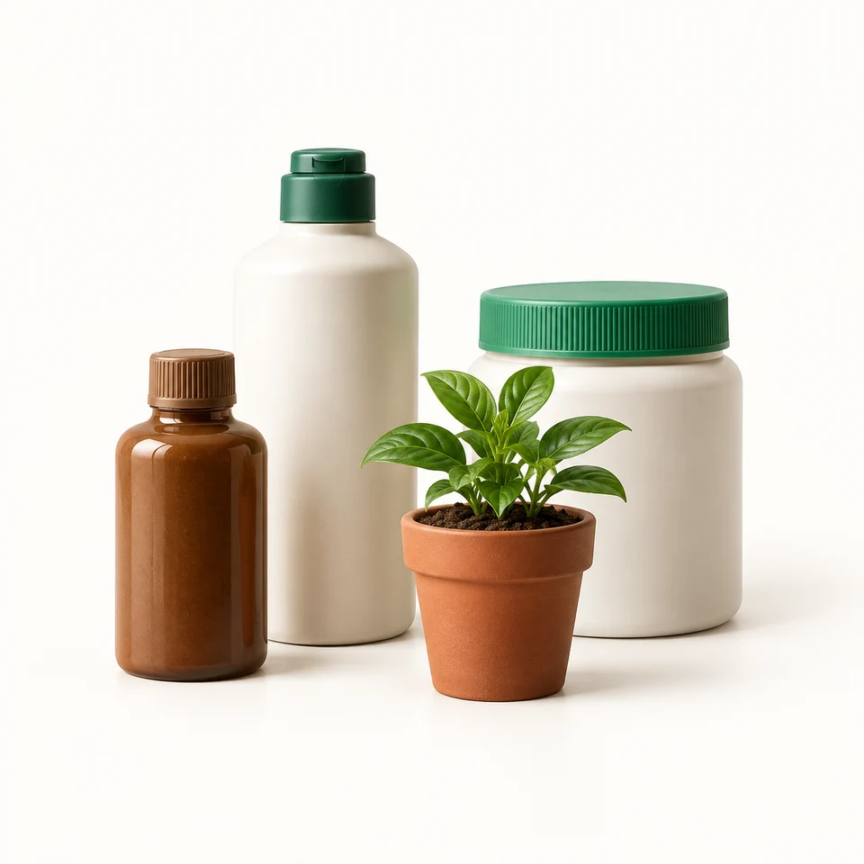 Envases de fertilizante junto a una planta pequeña.