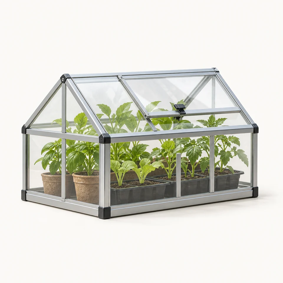 Pequeño invernadero con plantas protegidas en su interior.