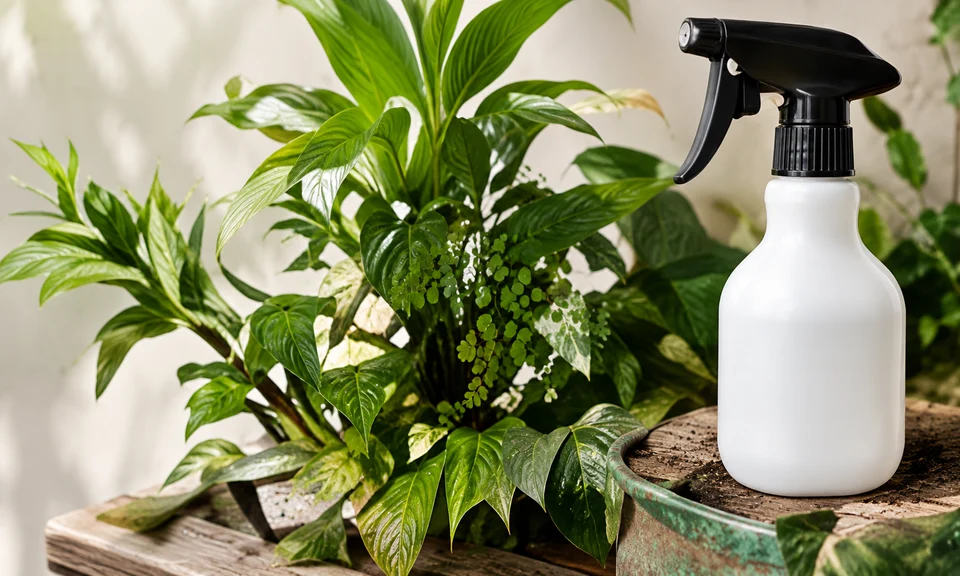 Pulverizador blanco junto a plantas verdes