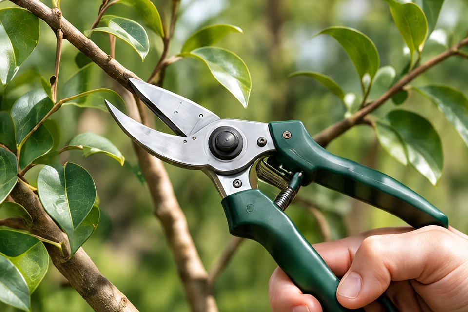 Mano con tijeras verdes junto a una rama de jardín