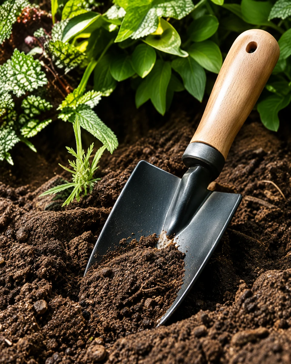 Pala de mano clavada en tierra junto a plantas