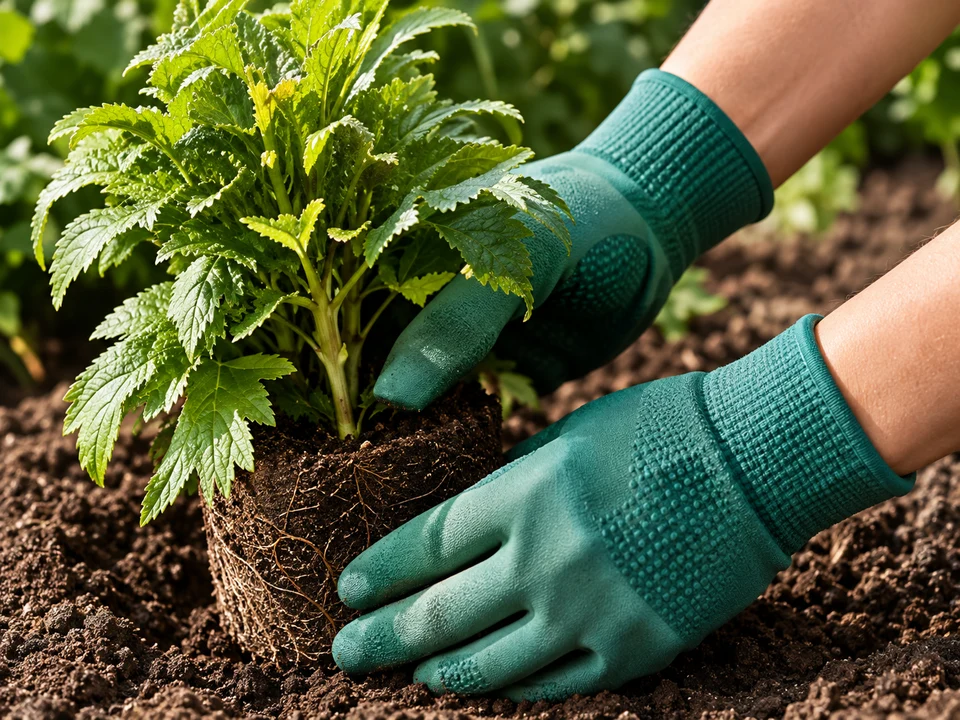 Manos con guantes verdes colocando un cepellón en la tierra