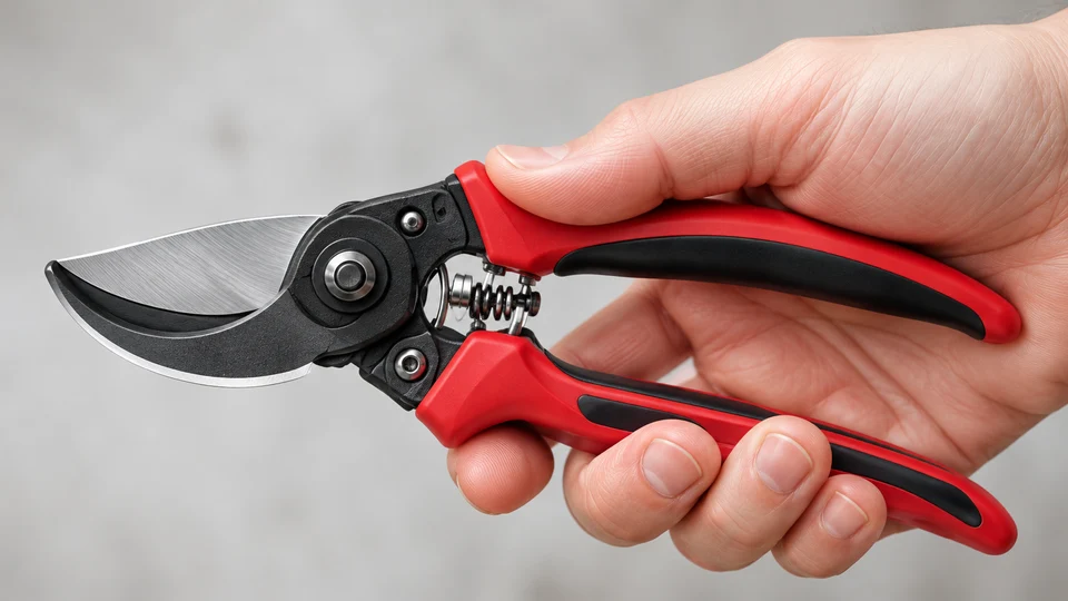 Mano sujetando unas tijeras de poda rojas