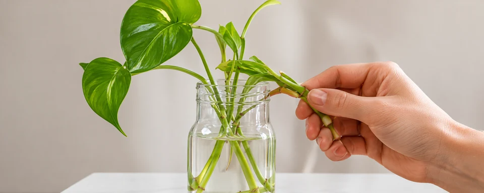 Mano colocando un esqueje de pothos en una botella con agua