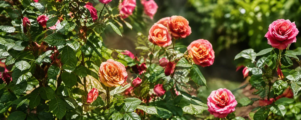 Rosal con flores rojas y rosadas